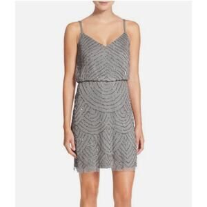 Adrianna Papell Gray Beaded Sequin Mesh Slip Dress Art Deco Mini Gatsby